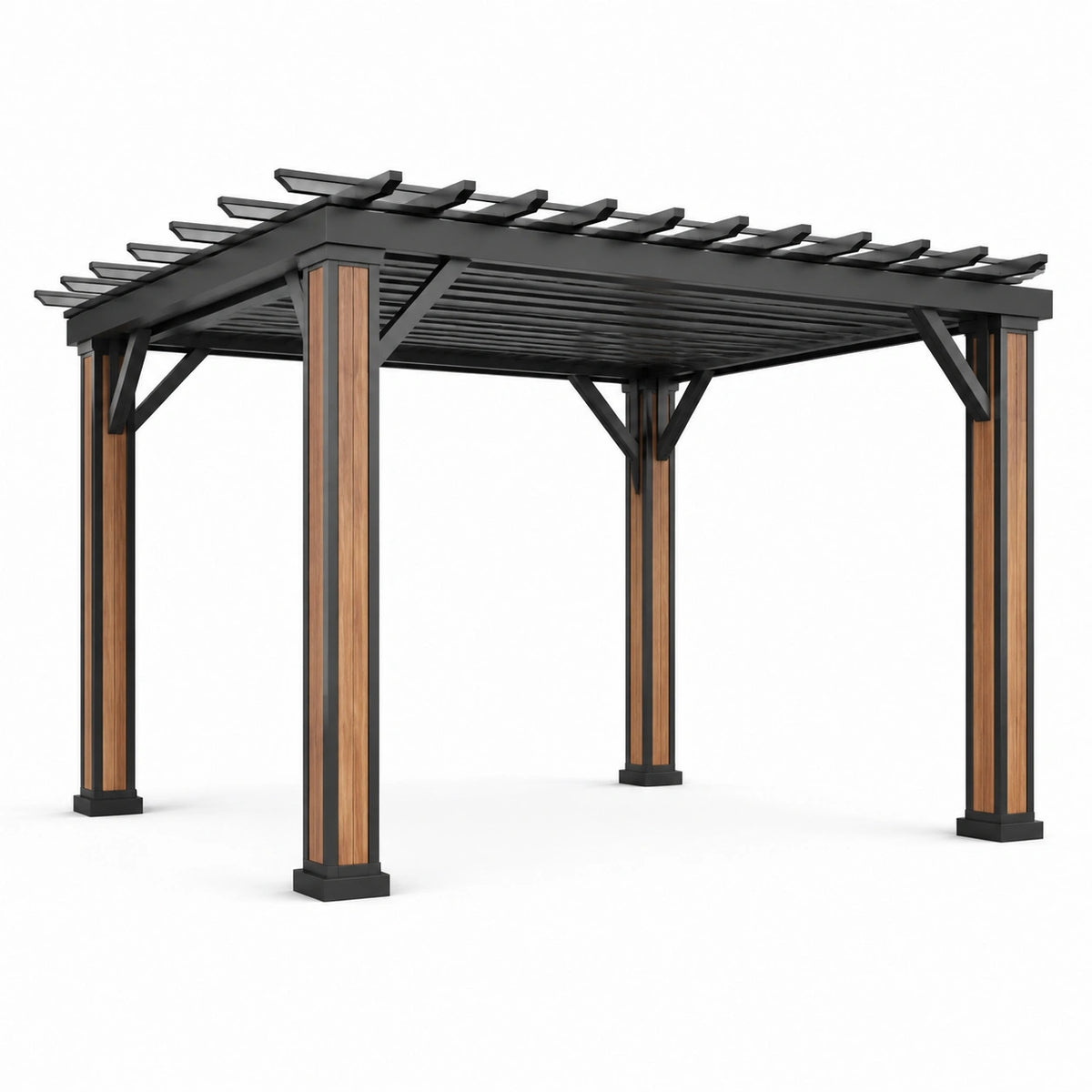 Freistehende Gartenpergola aus Metall, 300 × 300 × 230 cm, Schwarz/Braun, offenes Lamellendach