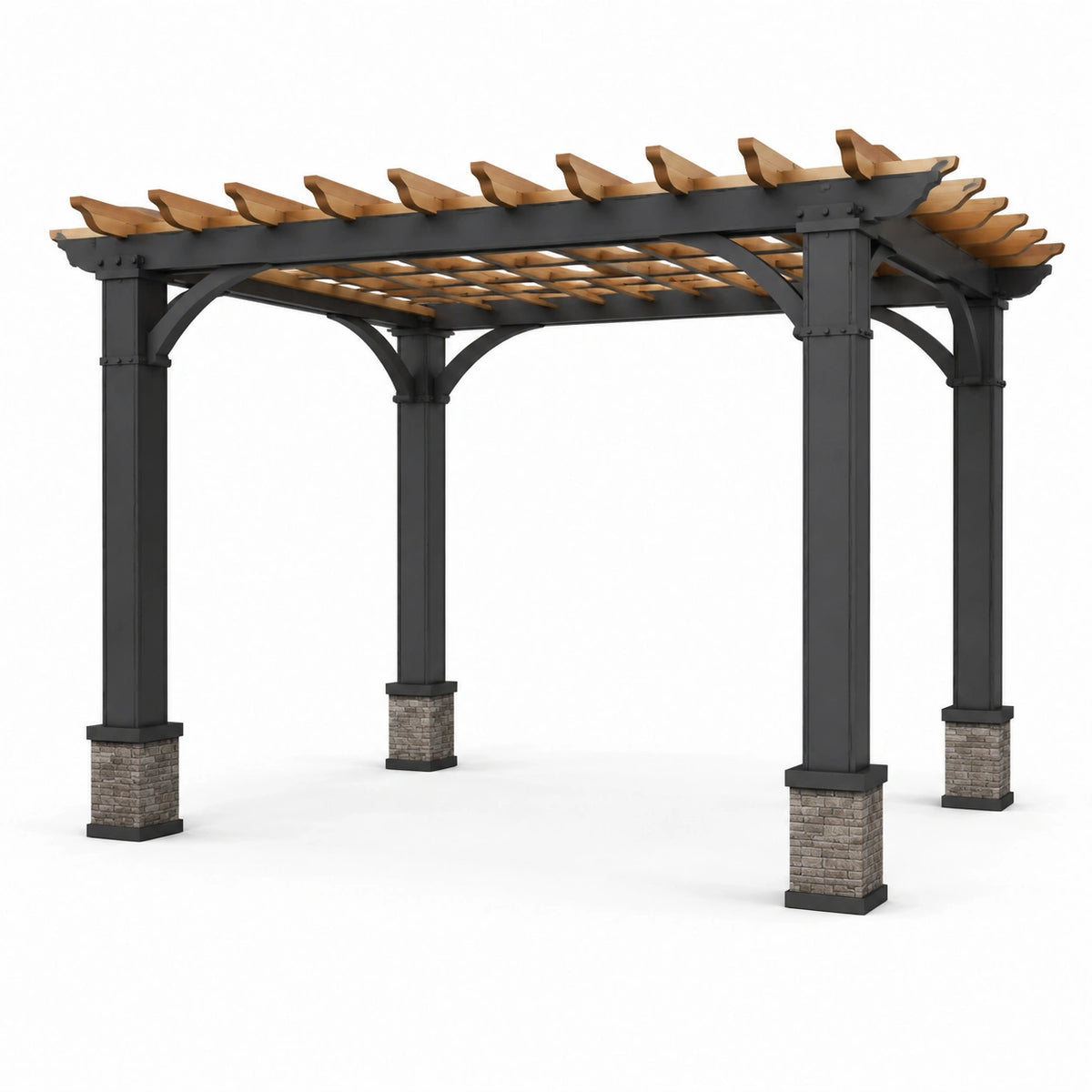 Freistehende Pergola 400 × 300 × 250 cm mit offenem Dachgitter aus Metall und Holz in Schwarz, Braun und Grau