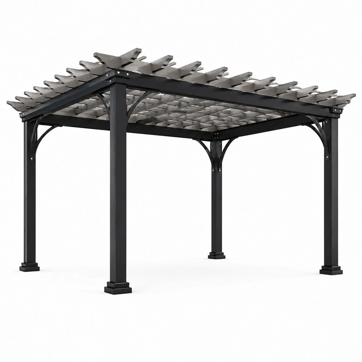 Freistehende Pergola 300 × 300 × 230 cm aus Metall und Holz in Schwarz/Grau mit offenem Lamellendach