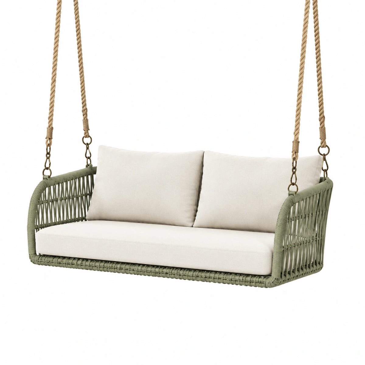 Hängesofa für 2 Personen, 130 x 75 x 55 cm, Seilgeflecht Grün/Creme, für den Außenbereich