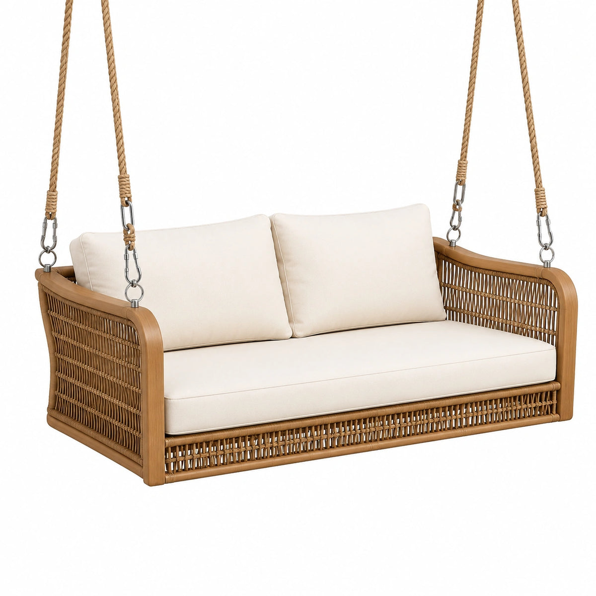 Rattan-Hängesofa für 2 Personen, 130 × 75 × 70 cm, Naturbeige/Creme/Silber, Boho-Stil