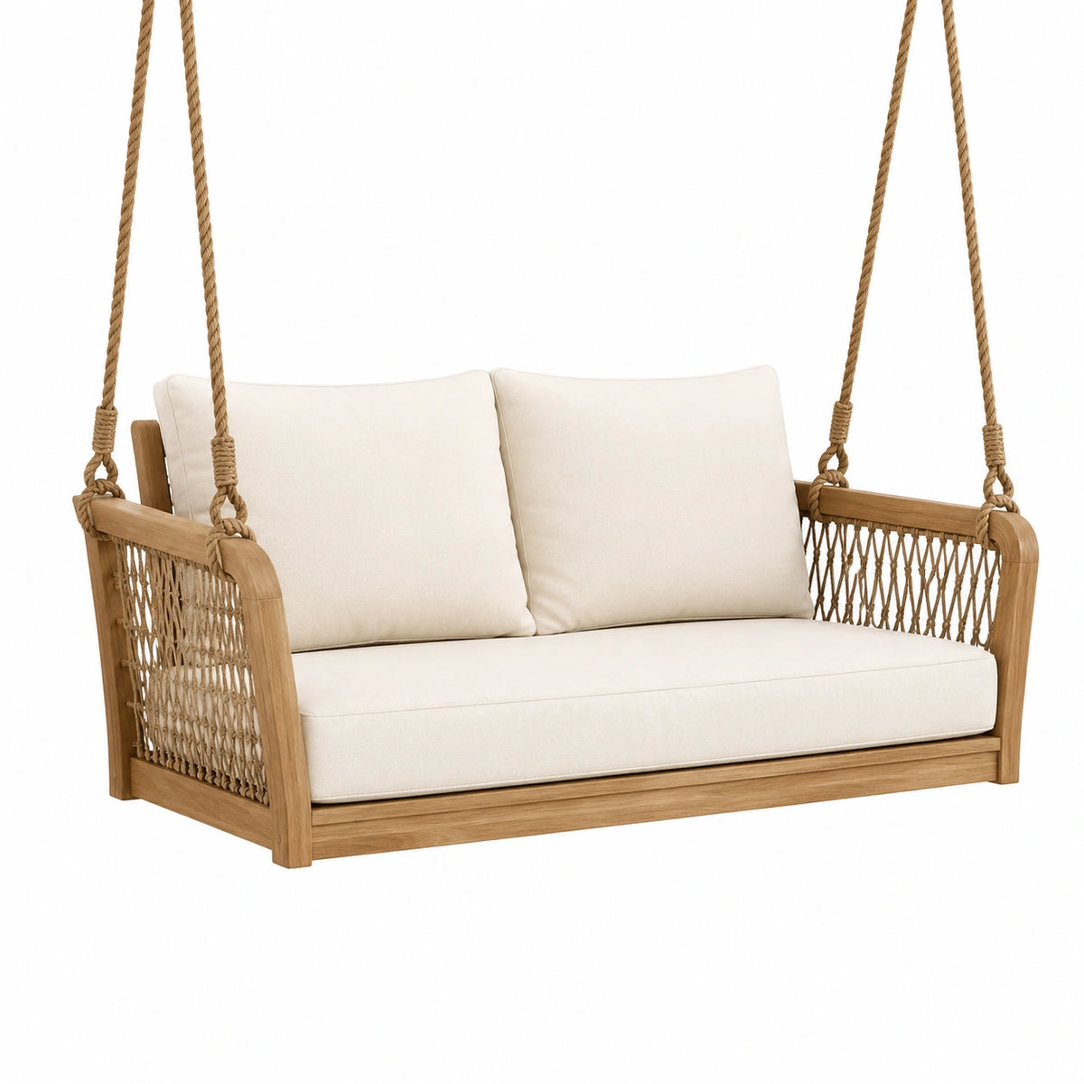 Hängesofa aus Holz und Seil, 150 × 75 × 185 cm, Natur/Creme