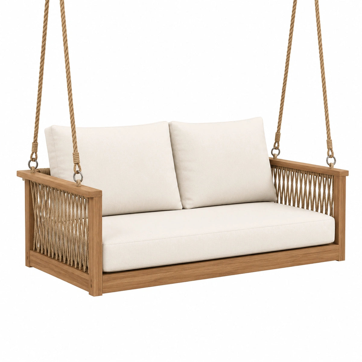 Hängesofa für 2 Personen, 140 × 75 × 65 cm, Holz, Seil und Textil, Natur/Creme