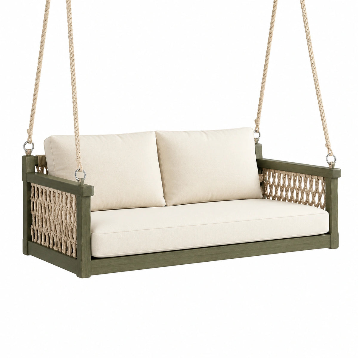 Hängeschaukel für 2 Personen, 130 × 70 × 55 cm, Olivgrün mit beigen Kissen und Seilgeflecht