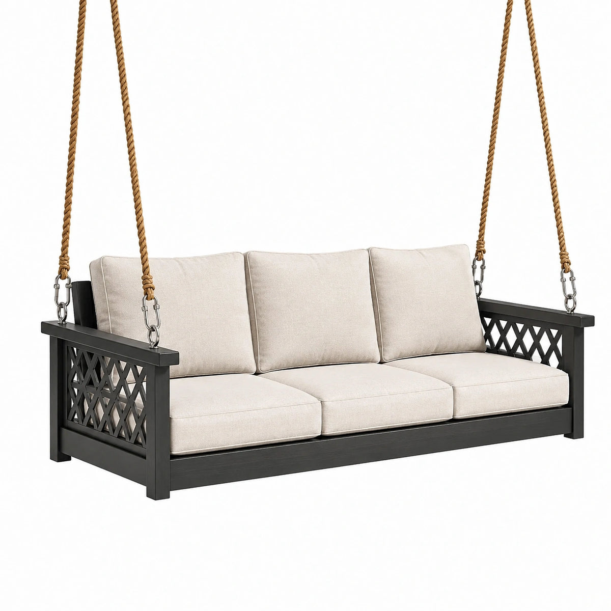 Hängesofa aus Holz mit Seilaufhängung, 200 × 80 × 65 cm, Schwarz/Beige/Braun
