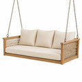 Hängesofa aus Holz mit Seilbespannung, beigen Polstern und Metallketten, 180 × 75 × 65 cm