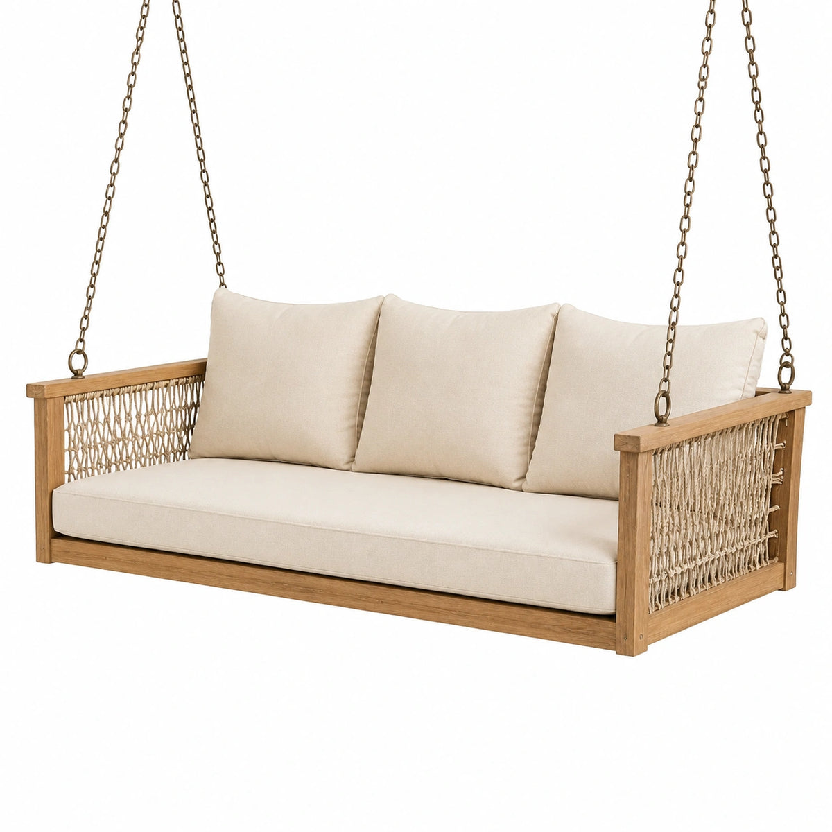 Hängesofa aus Holz mit Seilbespannung, beigen Polstern und Metallketten, 180 × 75 × 65 cm
