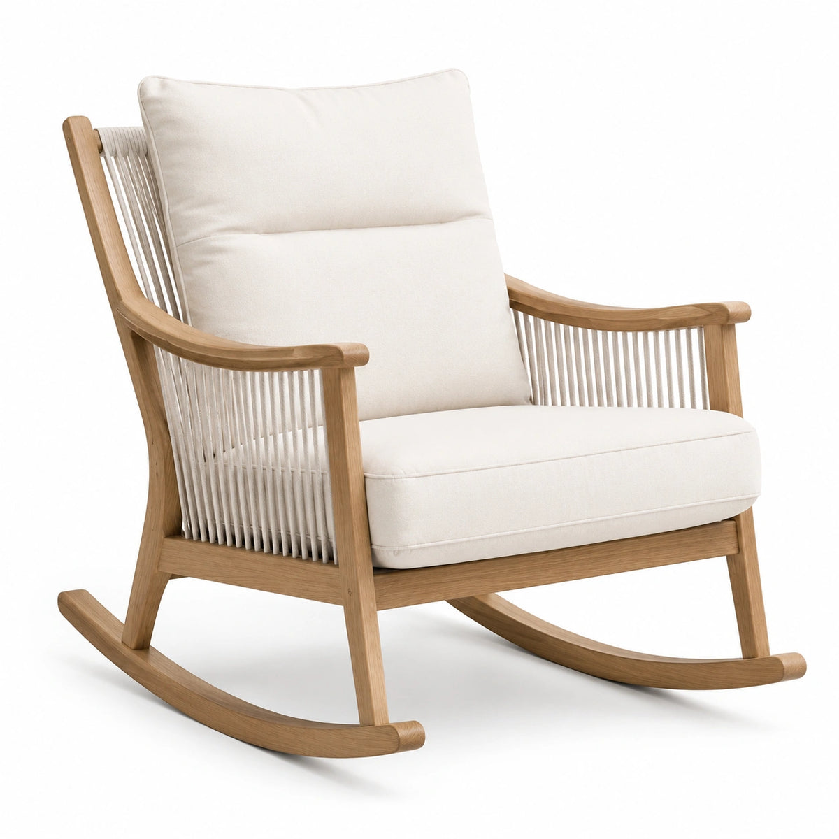 Schaukelstuhl aus Holz mit Seilbespannung und Polsterung, Natur/Beige, 70 × 90 × 100 cm
