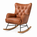 Schaukelstuhl in Cognac-Lederoptik, 80 × 95 × 105 cm, mit schwarzem Metallgestell und Naturholz-Kufen