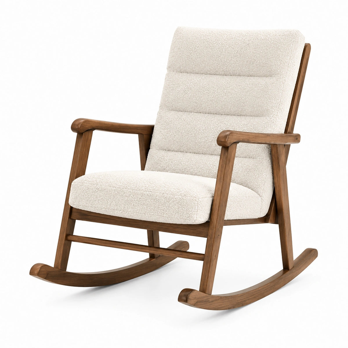 Schaukelstuhl 70 × 95 × 105 cm mit Holzgestell in Braun und Bouclé-Bezug in Creme