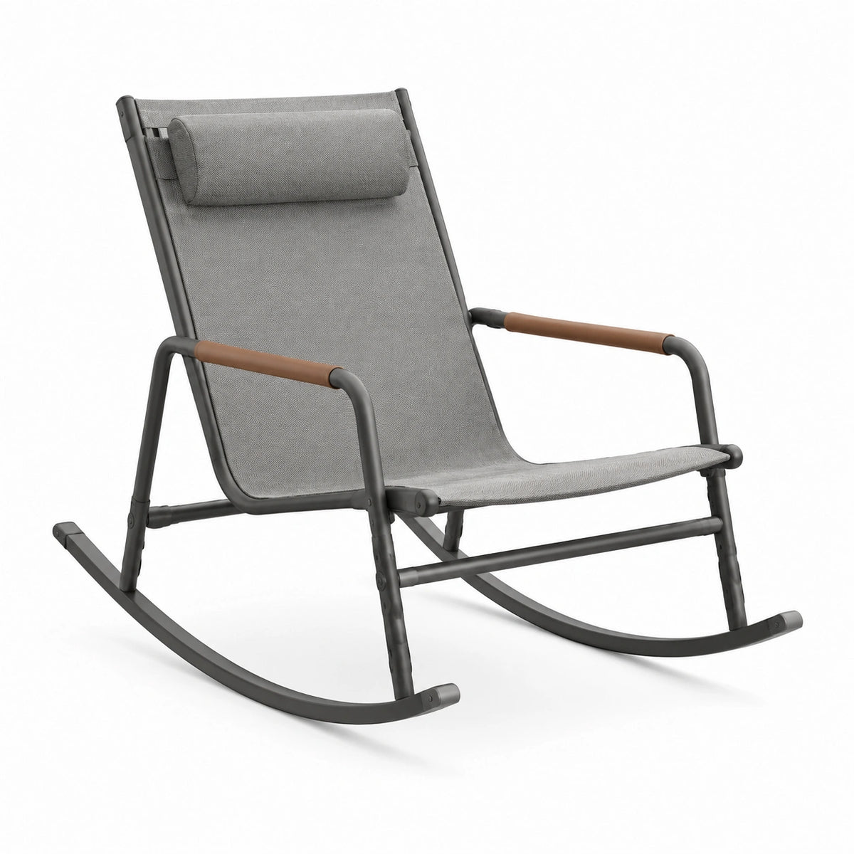 Schaukelstuhl 100 x 67 x 95 cm mit grauer Textilbespannung, schwarzem Metallgestell und braunen Armlehnen