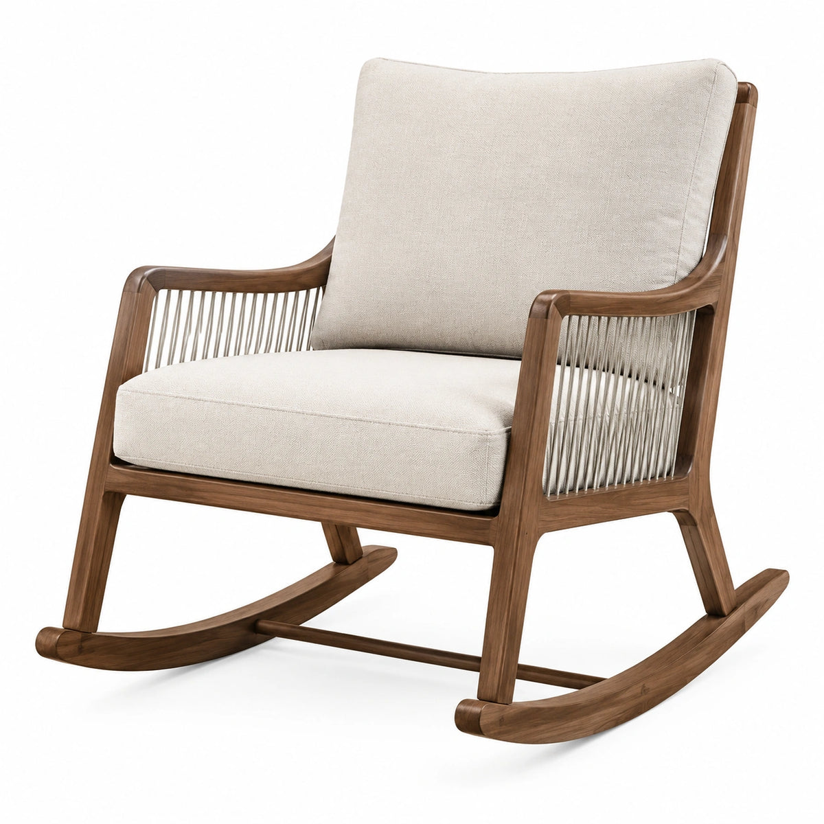 Schaukelstuhl aus Holz in Braun und Beige mit Textilpolsterung, 75 × 95 × 100 cm