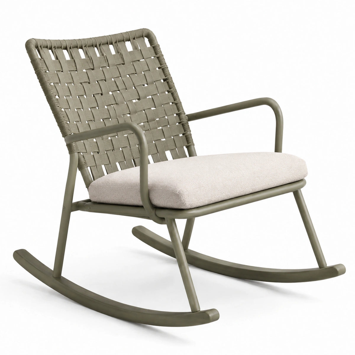 Olivgrüner Schaukelstuhl 68 × 95 × 98 cm mit geflochtener Rückenlehne und cremefarbenem Sitzpolster