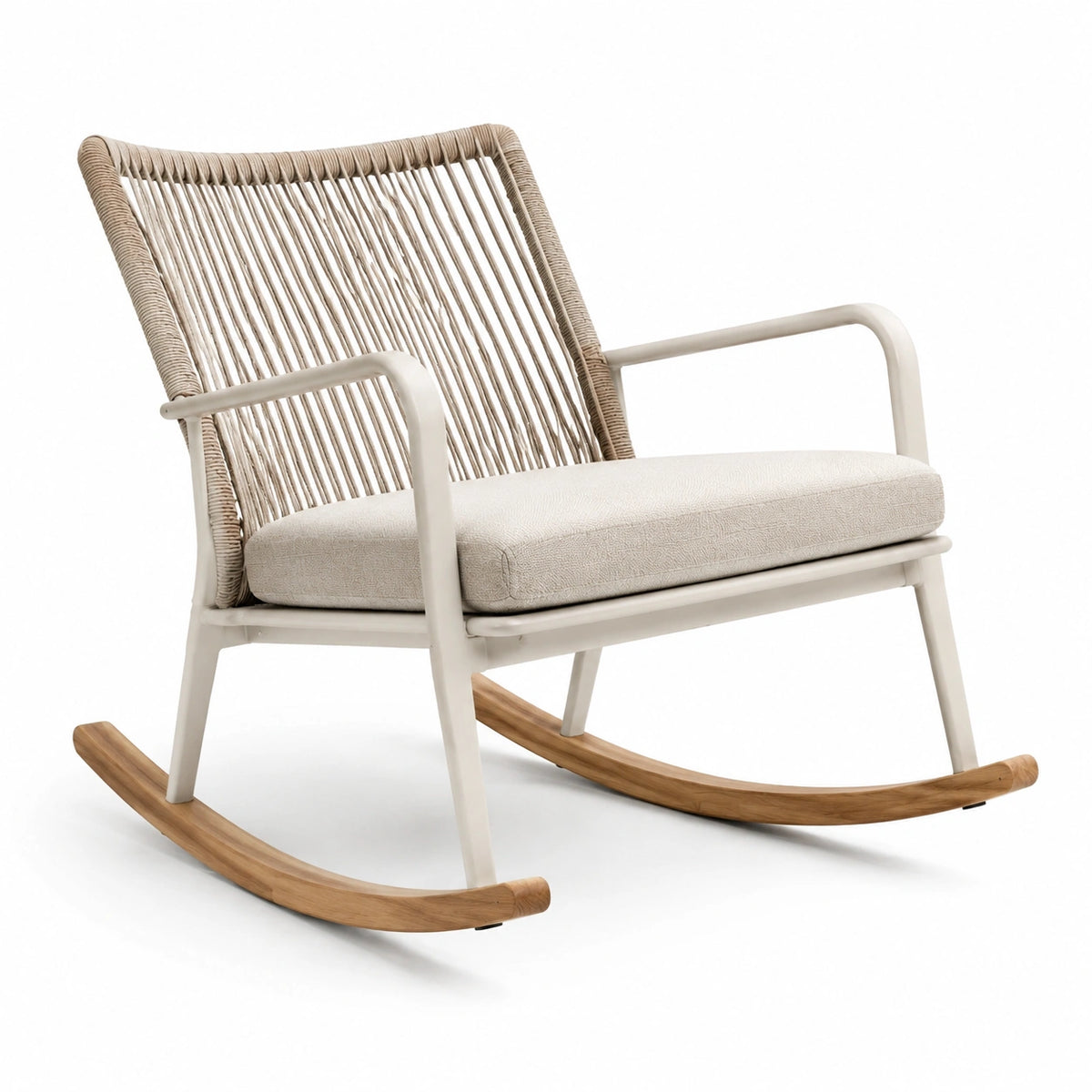 Skandinavischer Schaukelstuhl aus Metall, Holz und Seilgeflecht, 70 × 95 × 90 cm, Beige, Weiß und Naturholz