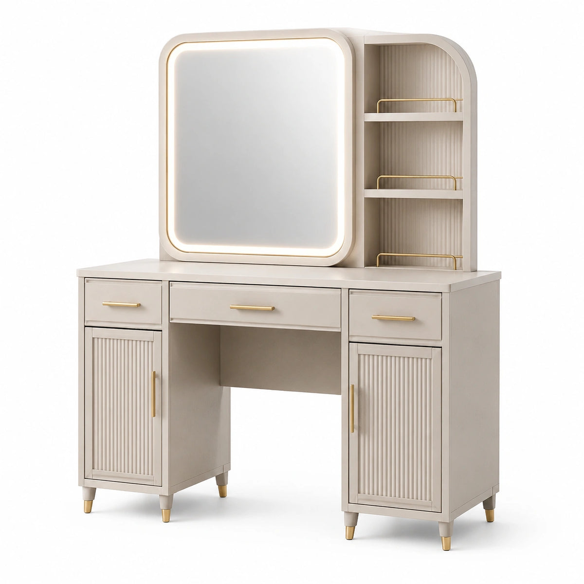 Schminktisch 120 × 45 × 150 cm in Creme/Gold mit beleuchtetem Spiegel, 3 Schubladen und 2 Schrankfächern