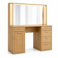 Schminktisch in Naturholzoptik mit beleuchtetem Spiegel, 5 Schubladen und Schrankfach, 120 × 45 × 170 cm
