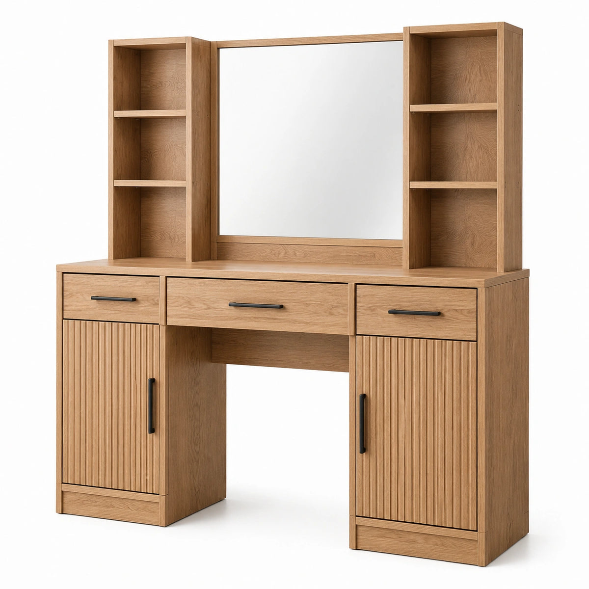 Schminktisch in Eichenoptik mit Spiegel, 3 Schubladen, 2 Schränken und Regalen, 150 × 45 × 190 cm
