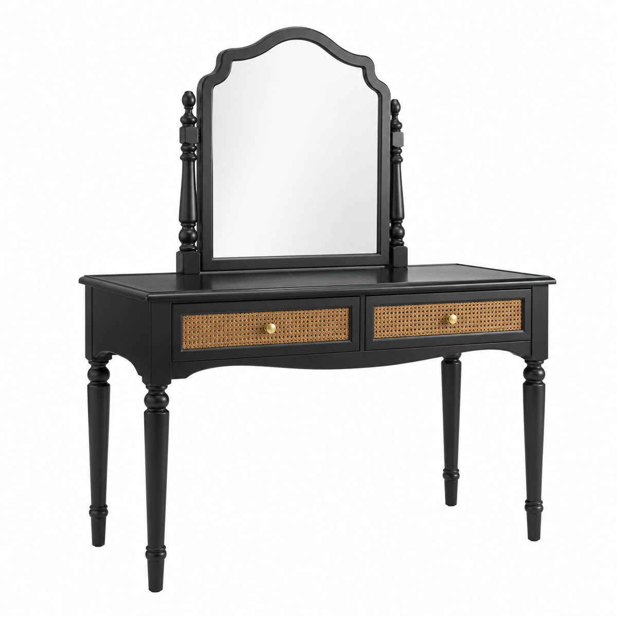 Schwarz-Natur-Goldfarbener Schminktisch 100 × 45 × 150 cm mit Spiegel und 2 Schubladen