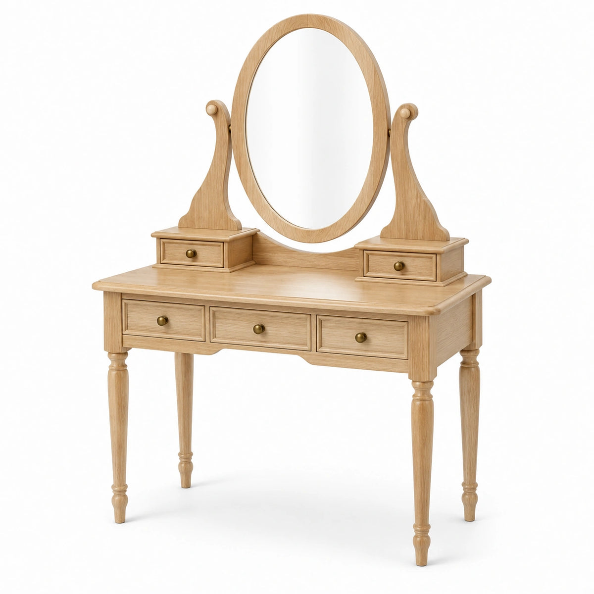 Schminktisch aus Naturholz, 100 × 45 × 150 cm, mit ovalem Spiegel, 5 Schubladen und goldfarbenen Knäufen