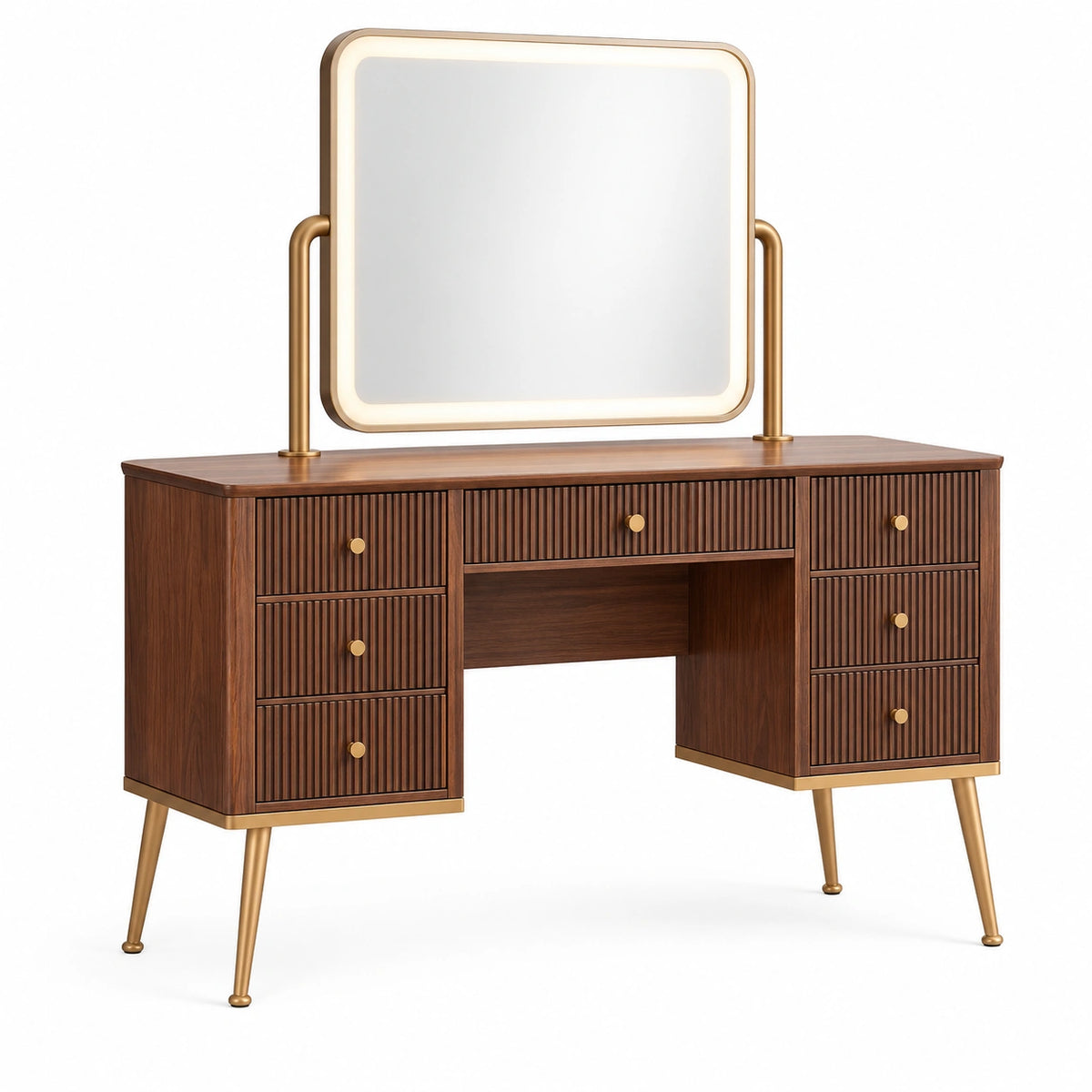Retro-Schminktisch mit Spiegel und 7 Schubladen, Braun/Gold, 140 × 45 × 150 cm