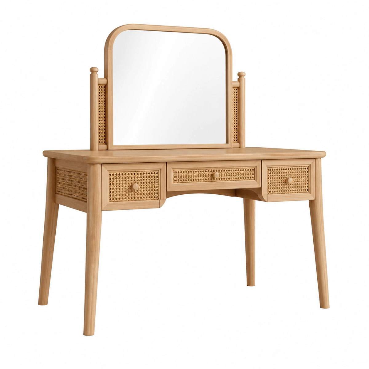 Schminktisch aus Holz und Rattan mit Spiegel und 3 Schubladen, Natur/Beige, 100 × 45 × 145 cm