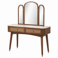 Schminktisch 120 × 45 × 150 cm in Nussbraun mit dreiteiligem Klappspiegel und Rattanschubladen
