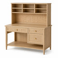 Schreibtisch mit Aufsatz, 120 × 50 × 180 cm, Holz und Rattan in Natur, Beige und Gold, mit 3 Schubladen