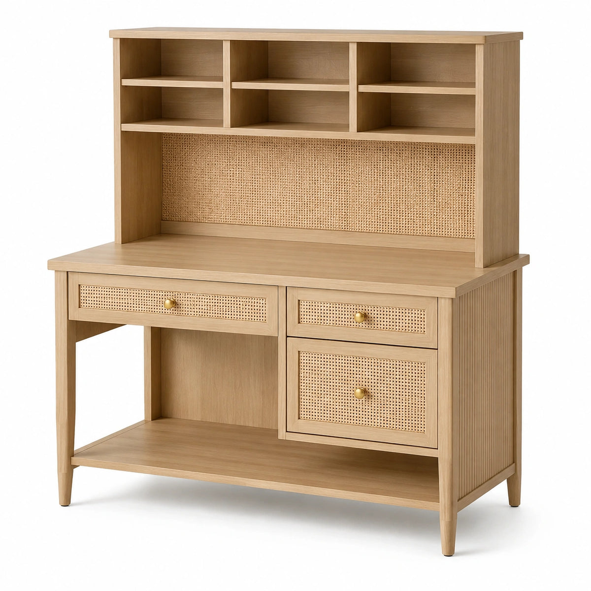 Schreibtisch mit Aufsatz, 120 × 50 × 180 cm, Holz und Rattan in Natur, Beige und Gold, mit 3 Schubladen