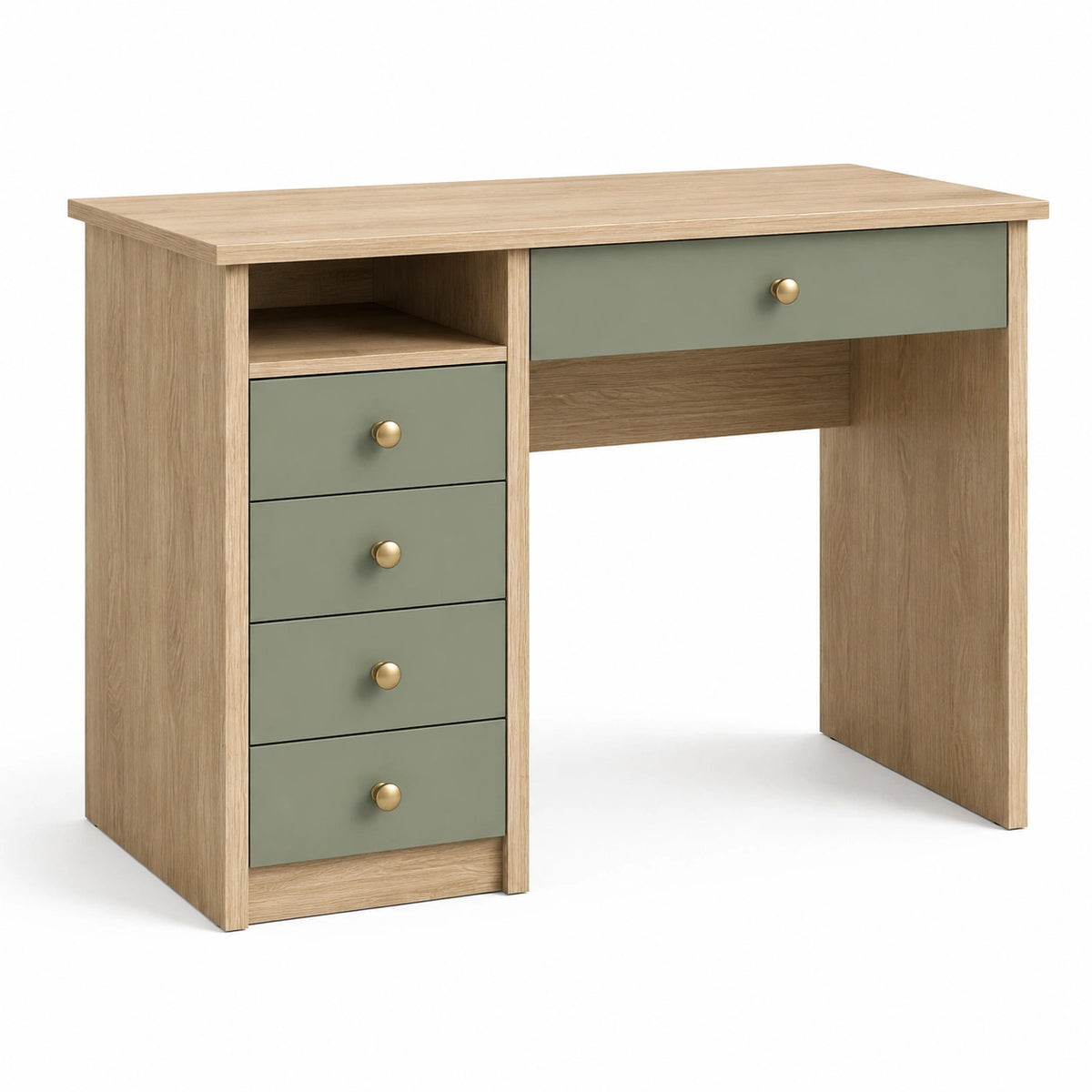 Schreibtisch 100 × 50 × 75 cm in heller Eichenoptik, Hellgrün und Gold mit 5 Schubladen