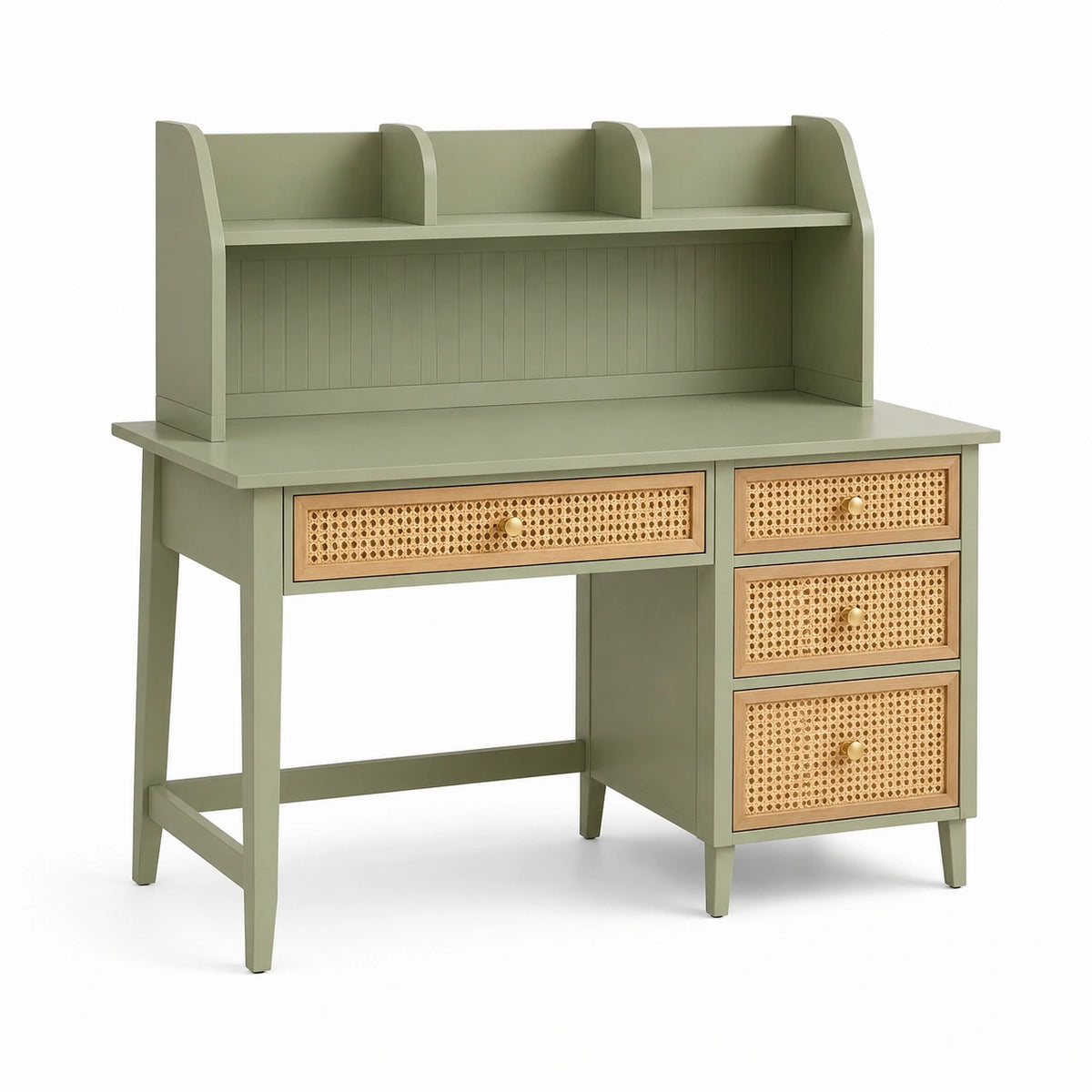 Schreibtisch 120 × 60 × 150 cm in Salbeigrün mit Rattan-Schubladen und Aufsatzregal