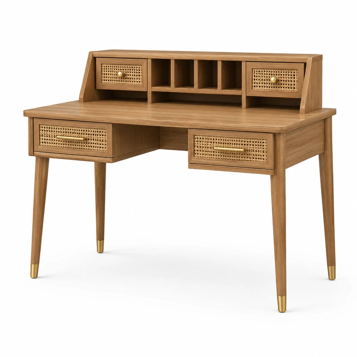 Schreibtisch mit Aufsatz, 4 Schubladen und Rattangeflecht, 120 × 60 × 100 cm, Naturbraun/Beige/Gold