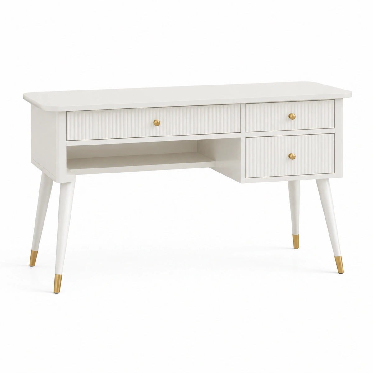 Skandinavischer Schreibtisch 120 x 50 x 75 cm Weiß/Gold mit 3 Schubladen und offenem Ablagefach