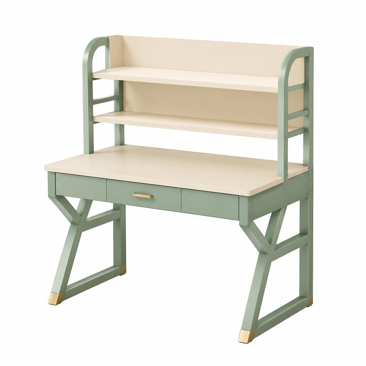 Schreibtisch mit Aufsatz, 3 Schubladen und 2 Ablagen, 120 × 60 × 150 cm, Salbeigrün/Creme/Gold