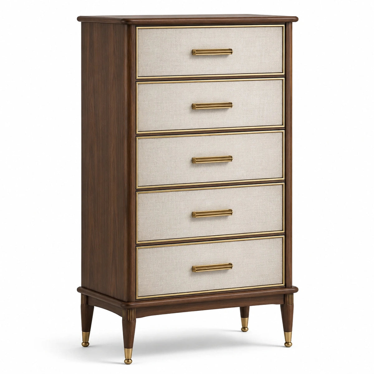 Klassische Kommode mit 5 Schubladen, 85 × 45 × 150 cm, Walnuss/Beige/Gold