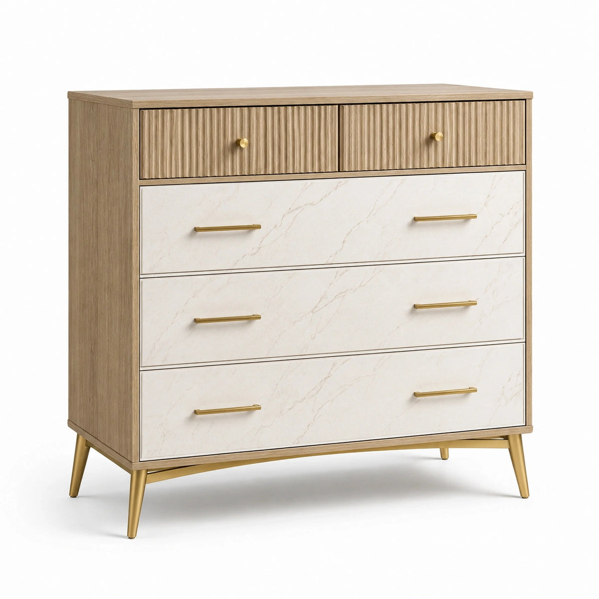 Kommode 120 × 40 × 95 cm mit 5 Schubladen in Beige, Weiß und Gold