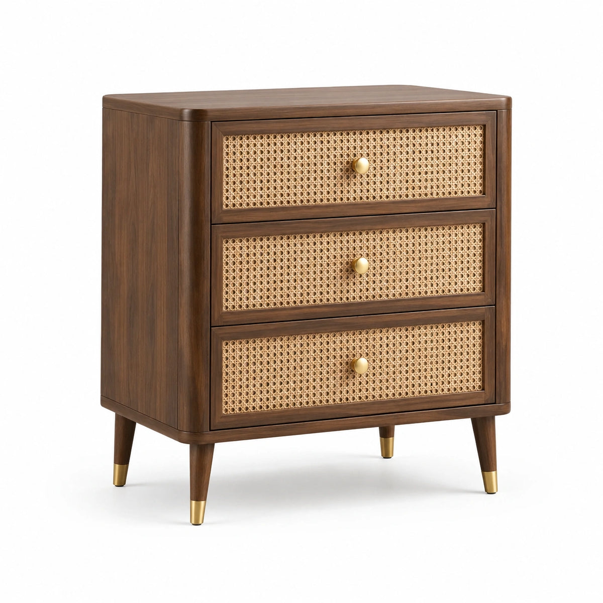 Retro-Kommode 60 × 40 × 75 cm mit 3 Schubladen aus Holz und Rattan, Braun/Natur/Gold