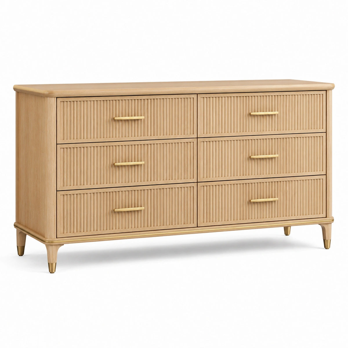 Holzkommode 150 × 45 × 85 cm in Hellbraun mit goldfarbenen Griffen und 6 geriffelten Schubladen